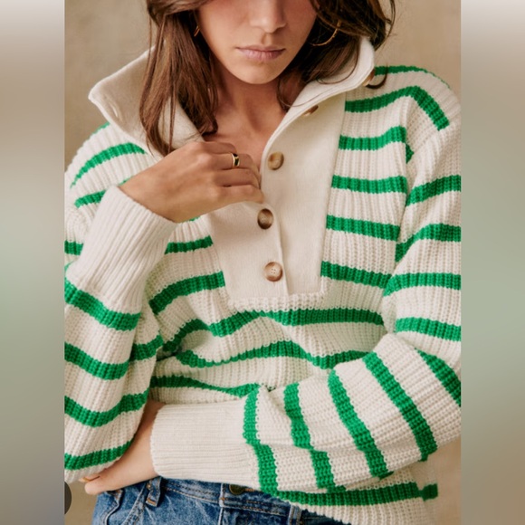 Sezane Green and Cream Striped Cardigan